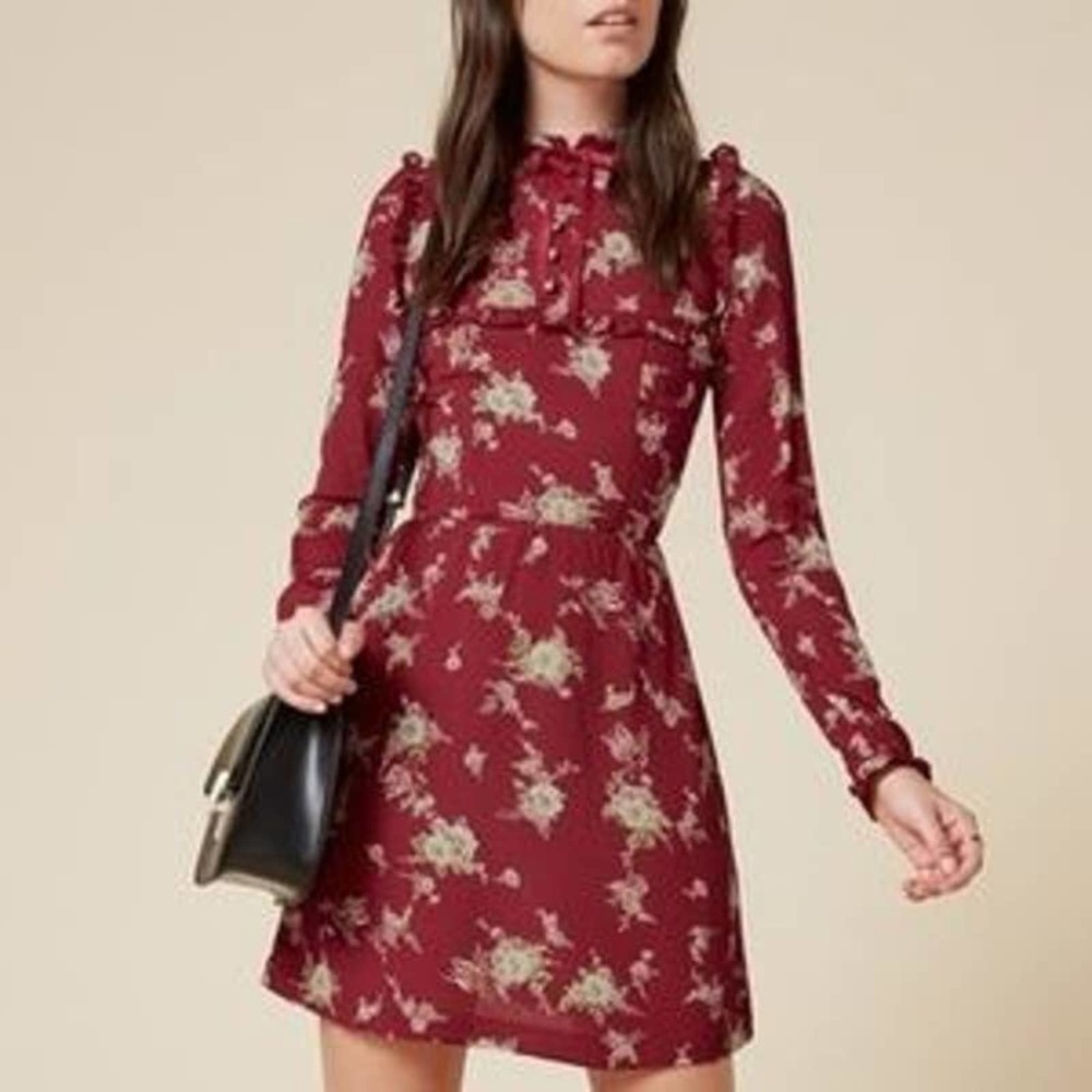 Reformation Myles Cardinal Red Floral Mini Dress Mock Long Sleeve Size 8…